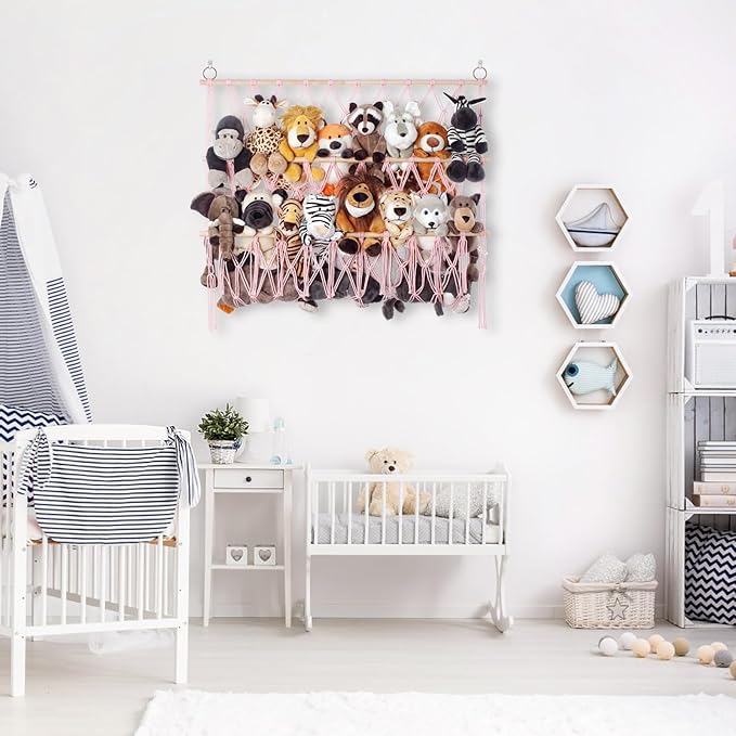 Stuffed Animal Net or Hammock Large Corner Storage for Plushies Stuffed Animals Zoo Wall Hanging Organizer Holder for Toy Hammock, Space-Saving Kids Nursery Decor (Pink)