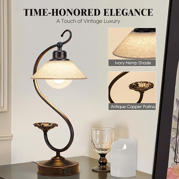 V05 Vintage Flower Table Lamp - Dimmable Nightstand Lamps with USB C+A Charging Ports, Farmhouse Touch Bedside Lamp, Unique Small LED Lamps for Bedroom, Living Room, Entry, Dining, Entryway