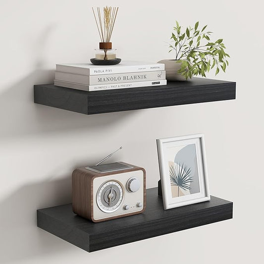 Floating Shelves for Wall, Real Wood Floating Shelf Set of 2, 8 Inch Deep Floating Shelves, Rustic Wood Wall Shelf for Home Decor, Deep Storage Shelves for Bathroom, Kitchen, 16"W x 8"D, Black Color