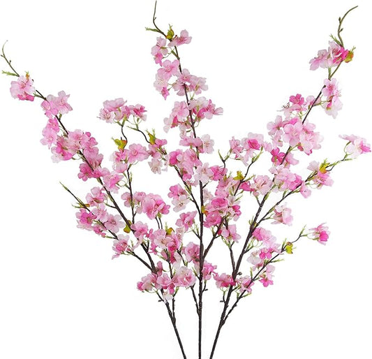 CISDUEO 3 Pcs Artificial Cherry Blossom Flower Silk Peach Flowers Bulk Plum Blossom Flowers with Leaves Cherry Blossom Branches Vase Arrangements for Spring Wedding Indoor Outdoor DIY Party Decor Pink