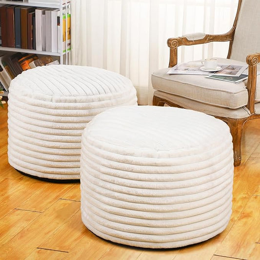2 Pcs 26 x 18 Inch Unstuffed Pouf Cover Ottoman Foot Rest - No Filler, Faux Rabbit Fur Foot Stool Floor Bean Bag Floor Chair Storage for Living Room Bedroom Home Decor(Beige)