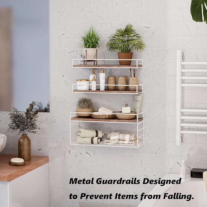 Wall Mounted Bathroom Shelves Over Toilet, Farmhouse Wall Floating Shelf with Guardrail, Bathroom Decor for Bedroom Living Room Kitchen, White (16.2 Inch Set of 3)