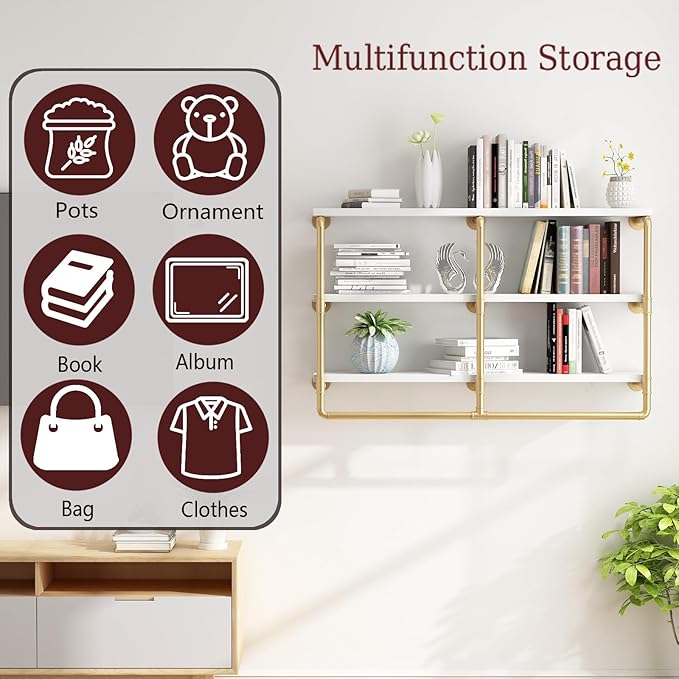 HOMEKAYT 48'' Industrial Pipe Shelving Floating Wall Shelves 3 Tier Gold Shelves Multiple Use for Kitchen, Bedroom,Living Room,Bathroom