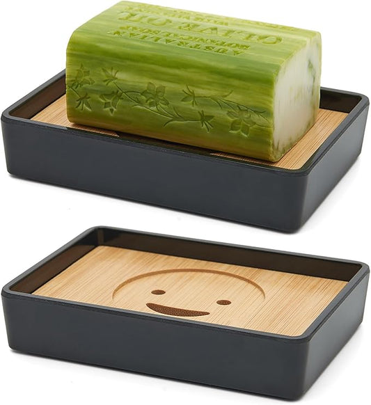 Bamboo Soap Dishes for Shower Wooden Soap Bar Holder for Bathroom Soap Tray Easy to Clean, Durable and with Non-Slip Pads(Two Black Smiley Faces)