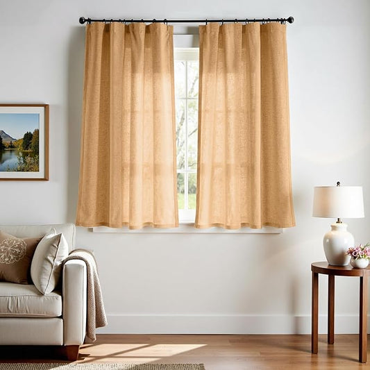 jinchan Linen Blend Curtains 63 inch Length 2 Panels for Bedroom Living Room, Semi Sheer 50 inch Wide Farmhouse Cottage Core Style Drapes with Rod Pocket Back Tab(50W x 63L, Mustard Yellow)