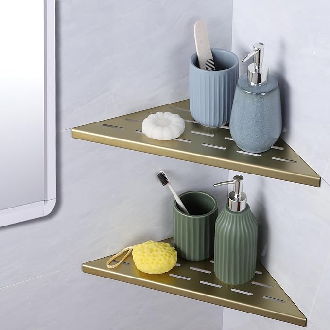 12" Corner Shower Shelf, 2-Pack Bathroom Shelves for Tile Walls, SUS304 Stainless Steel Recessed Shower Shelf, Grout in Corner Organizer Shelves, Brushed Gold, Large Size