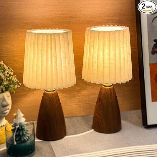 Small Pleated Table Lamp Set of 2 for Bedroom, Mini Bedside Lamps for Nightstand with Round Fabric Linen Shade, Dimmable Desk Lamp, Cute Table Lamps for Small Spaces for Living Room, Kids Room