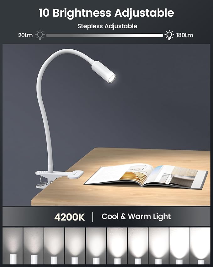 Glocusent Clip on Light: 10 Brightness Levels from 20 to 180LM LED Reading Light with Clamp and Flexible Gooseneck - Eye Caring Book Lights for Reading at Night, Clip on Desk Bed Headboard