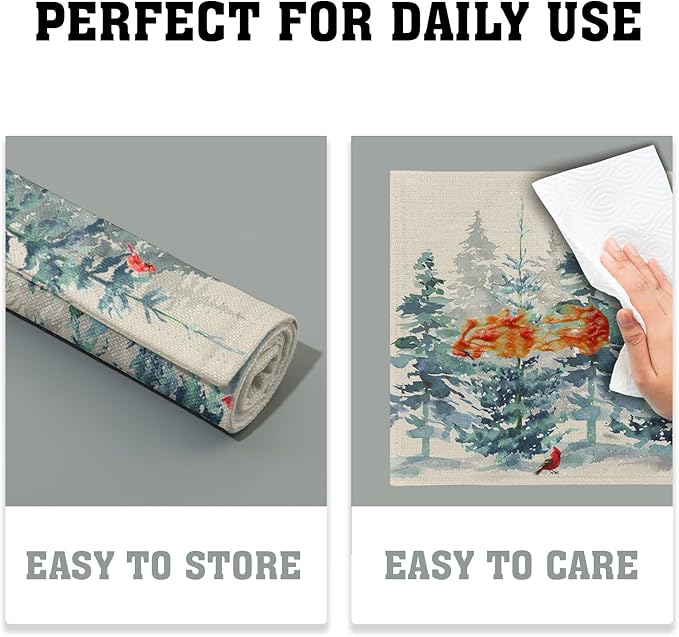 Winter Forest Tree Placemats Set of 4，Pine Tree Christmas Red Bird Heat Resistant Non Slip Place Mats Cotton Linen Tablemats for Dining Table Kitchen Decor 18 x 12 Inch