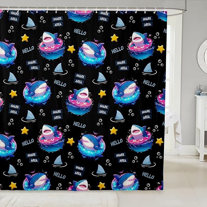 Feelyou Cute Shark Bathroom Waterproof Accessories with 12 Hooks Under Sea Animals Themed Fabric Shower Curtain for Kids Boys Girls Yellow Stars Shower Curtain Black and Blue Curtains,72X72 Inches