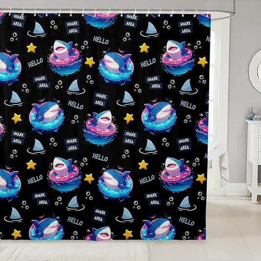 Feelyou Cute Shark Bathroom Waterproof Accessories with 12 Hooks Under Sea Animals Themed Fabric Shower Curtain for Kids Boys Girls Yellow Stars Shower Curtain Black and Blue Curtains,72X72 Inches