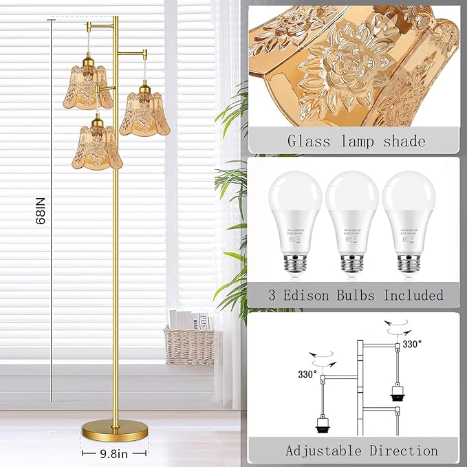 Gold Floor Lamp for Living Room,Bedroom,Mid Century Modern Standing Lamp Brass Tree 3 Light Tall Floor Lamps Vintage Retro Floor Lights Glass Green Flower Lamp Shade Farmhouse Boho Bohemian