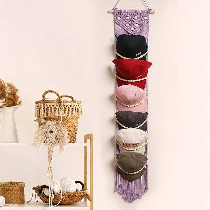 Ball Cap Hanger-1 Pack-Boho Macrame Cap Holder Wall Hat Organizer for Baseball Cap Holder Over Door, Hat Rack for Wall, Cap Rack for Decoration and Display(purple)