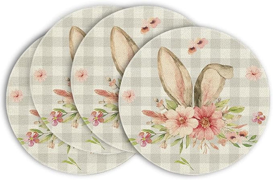 Artoid Mode Bunny Rabbit Ears Buffalo Plaid Flower Easter Round Placemats Set of 4, 15 Inch Spring Table Mats for Party Kitchen Dining Decoration