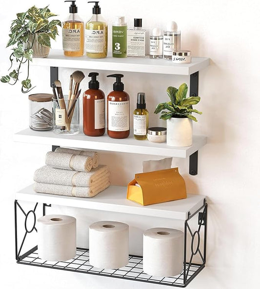 Amada Bathroom Shelves Over Toilet with Storage Basket, Floating Wall Shelves for Home Organization & Wall Decor, Bathroom/Kitchen/Living Room ShelvesWhite