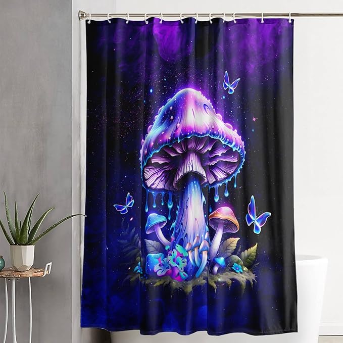 AILONEN Magic Mushroom Shower Curtain,Blue Butterfly Waterproof Fabric Bath Curtain for Kids Girl,Boho Style Shower Curtain Set for Bathroom,Natural Fungal Shower Curtain with Hooks 60" W*72" H