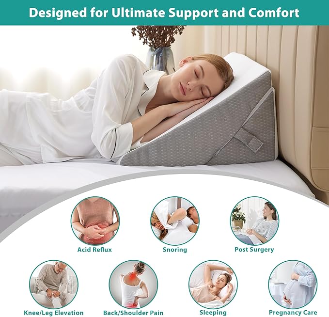Wedge Pillow for Sleeping, Adjustable 9&12 Inch Foldable Bed Wedge Pillow Set, Orthopedic Memory Foam Triangle Pillow Wedge, 7-in-1 Elevated Pillows for Leg and Back Support, White/Grey