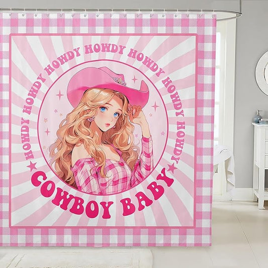 Manfei Western Cowgirl Kids Shower Curtains,Stars Cowboy Rustic Farmhouse Bathroom Curtains for Girls Women,Geometric Grids Patchwork Pink Dreamy Chic Waterproof Curtains,12 Hooks Suits,72" W x 72" L