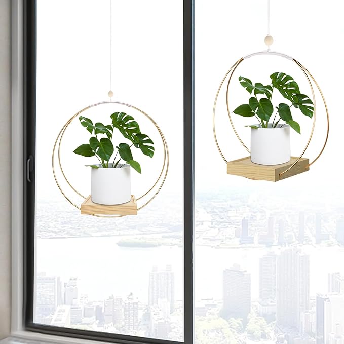 Hanging Planter for Indoor Plants, Plant Hanger with Sturdy Wood Base,Modern Boho Macrame Plant Hanger,Wall Ceiling Window Stands(Plants/Pots Not Included)