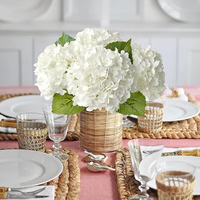 White Flowers Hydrangea Artificial Flowers, 4Pcs Outdoor Large 21” Royal Real Touch Latex Silk Flowers Faux Hydrangea, Lifelike Fake Flower for Spring Wedding Bouquet Table Centerpieces