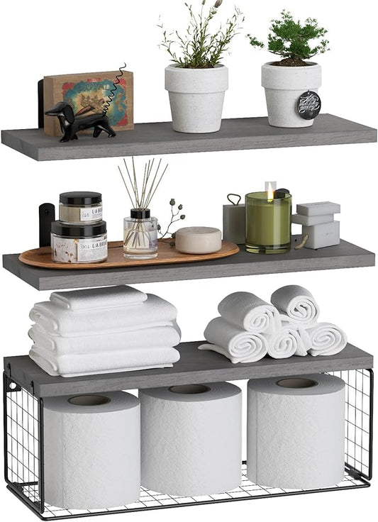 WOPITUES Bathroom Shelf Over Toilet, Floating Bathroom Shelf Wall Mounted with Wire Basket, Floating Shelf for Wall Décor-Modern Grey