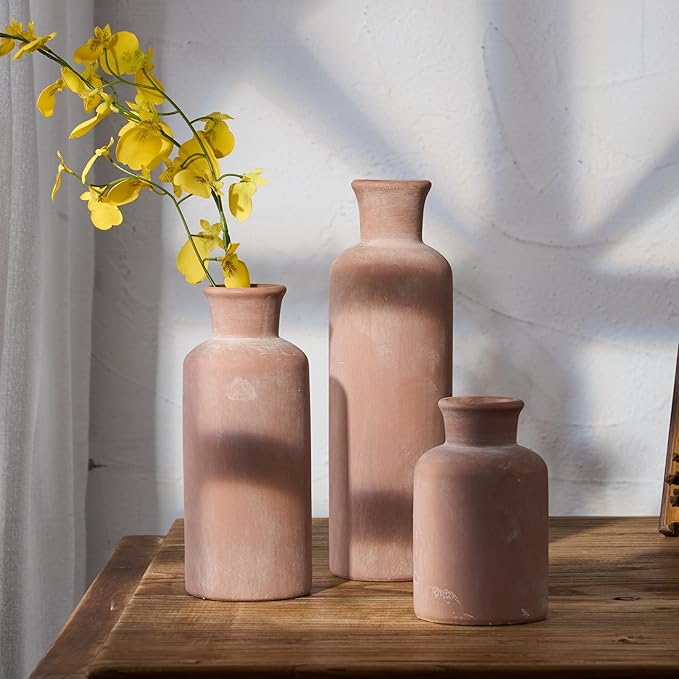SIDUCAL Ceramic Rustic Farmhouse Vase Set of 3, Whitewashed Terracotta Vases, Clay Decorative Vases for Home Decor, Living Room, Shelf, Mantel Decoration(Brick-red)