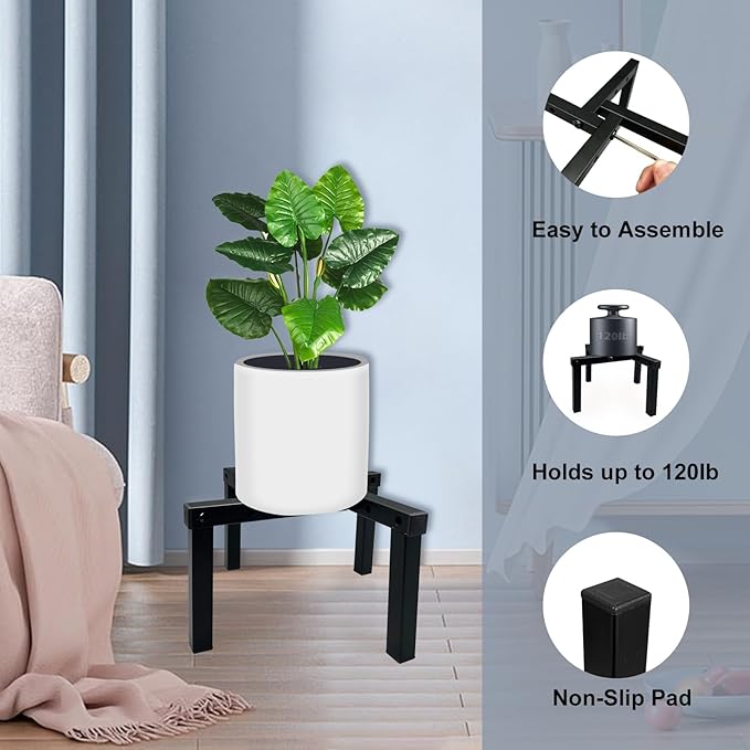 Four Legs Adjustable Metal Plant Stand for 5"-10" Plant Pot – Indoor & Outdoor (Black, 1 Pack)