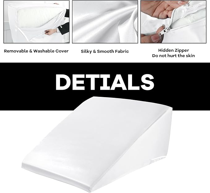 HOMBYS Satin Bed Wedge Pillow Cover Silky & Smooth Wedge Pillowcase 1 Pack 24x24x10, Soft & Breathable, Removable & Machine Washable-Zipper Design (Pillow Not Include),White