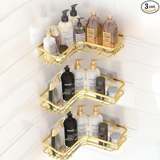Gold Corner Adhesive Shower Caddy，Rustproof Stainless Steel Corner Shower Shelves for Bathroom Kitchen, No Drilling Wall Mounted Shower Rack for Inside Shower, 3 Pack