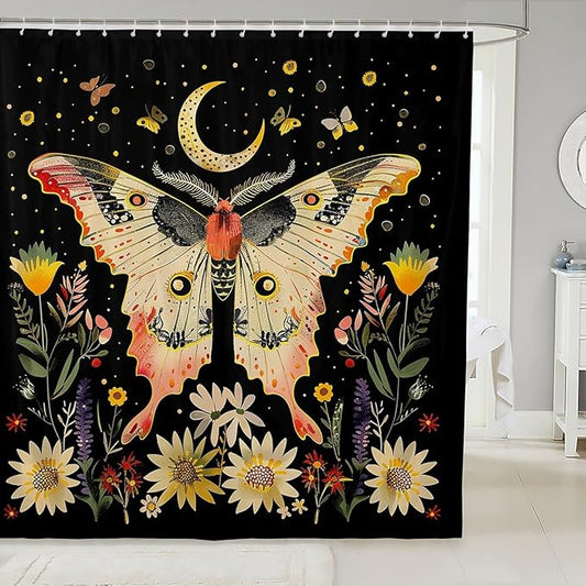 Feelyou Boho Butterfly Fabric Shower Curtain Bohemian Moth Shower Curtain for Kids Boys Girls Moon Galaxy Bathroom Waterproof Accessories with 12 Hooks Flower Weed Botanical Curtains,72X84 Inches
