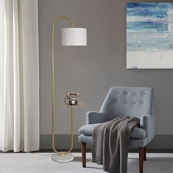 Hsyile KU300271 Arc Floor Lamp with Hanging Drum Shade for Living Room-Marble Base Modern Tall Stand Up Light with Table, Contemporary Over The Couch Gold Lamp Standing Lamps for Bedroom Office