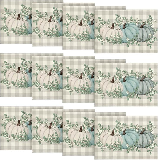 Artoid Mode Buffalo Plaid Eucalyptus Pumpkins Leaves Fall Placemats Set of 12，12x18 Inch Autumn Table Mats for Party Kitchen Dining Decoration