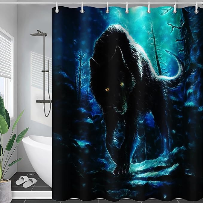 AILONEN Wolf Shower Curtain,Evening Moon Wolf Bath Curtain Gifts for Kids Boys Girls,Safari Wolf Polyester Waterproof with Plastic Hooks 36" W*72" H