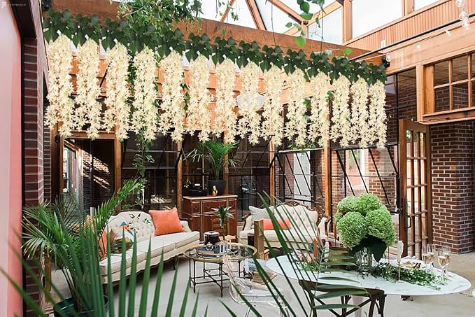 Artificial Lilac Flowers Garland 8Pcs-24Branches 33.5in Fake Syringa Wisteria Vines Faux Silk Lilac Hanging Floral Decoration for Indoor Outdoor Wedding Arch Birthday Party Garden Balcony (Champagne)