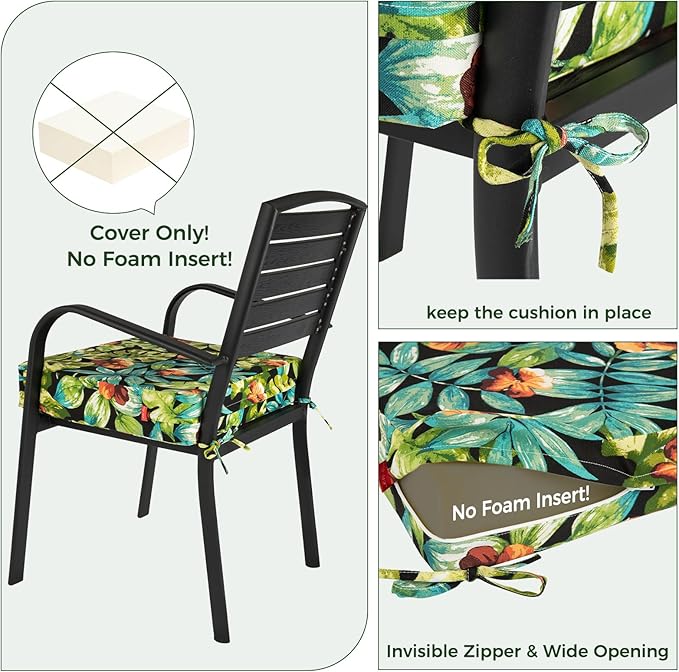 Patio Cushion Covers with Ties, 2 Pack, Outdoor Water Resistant Deep Seat Chair Cushion Slipcover 24x22x4 Inch for Garden Couch Sofa (Replacement Cover Only)-Tropical Green Leaves
