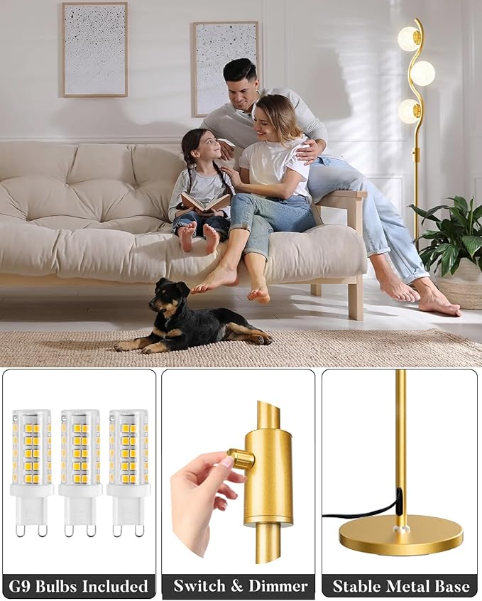 60IN Dimmable Gold Standing Lamps, Ice Crystal Modern Floor Lamp with 3000K G9 Bulbs Included, Mid Century Vintage Globe Floor Lamp