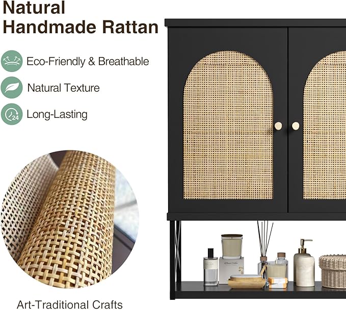 Rattan Bathroom Wall Cabinet, Boho Medicine Wall Cabinet with Double Doors and Adjustable Shelves, Tall Kitchen Wall Mounted Storage Cabinet, Floating Space Saver Over Toilet, Black
