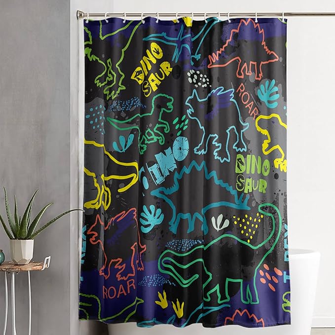 AILONEN Cartoon Dinosaur Shower Curtain 72" W*96" H for Bathroom,Teen Boys Dinosaur Bathroom Shower,Roaring Dinosaur Silhouette Boys Shower Curtain Polyester Waterproof Bath Curtain with 12 Hooks