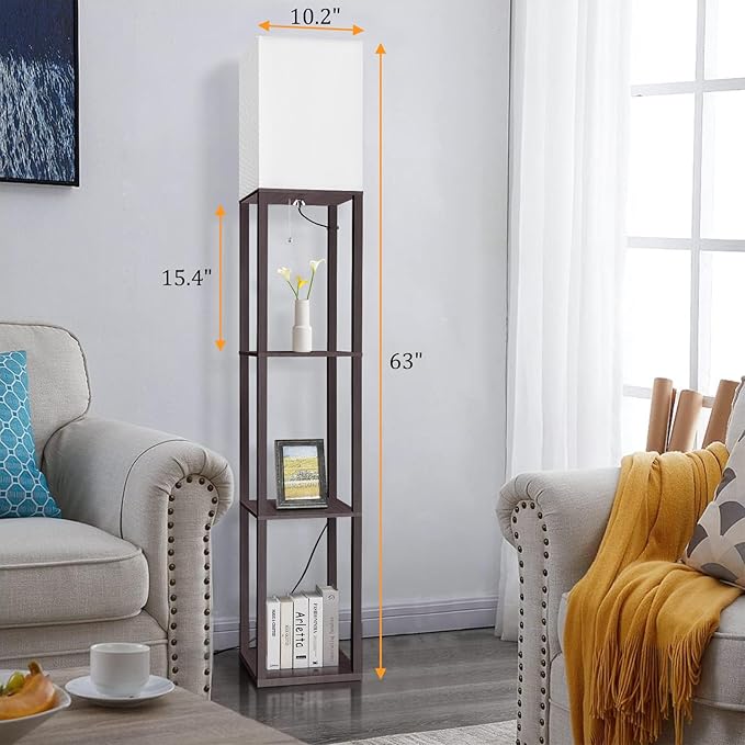 Dott Arts Floor Lamp with Shelves, Floor Lamps for Living Room Decor Display Shelf Lamps with 3 Color LED Bulb, Modern Floor Lamp for Bedroom Standing Lamp for Living Room Office,Home Decor（Walnut）