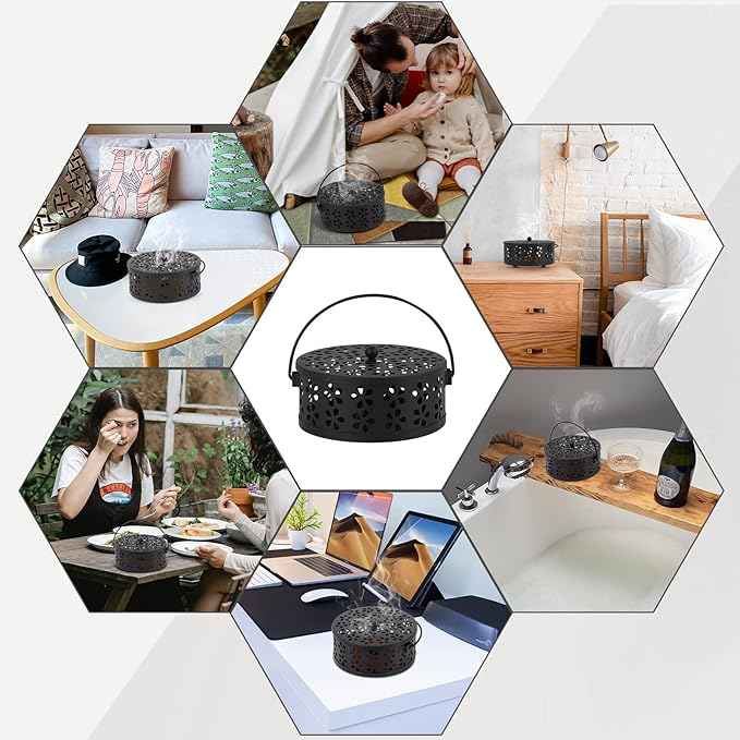 Portable Iron Mosquito Coil Holder with Handle Round Heat-Resistant Incense Holder for Home Office Camping (Black, 1Pack)