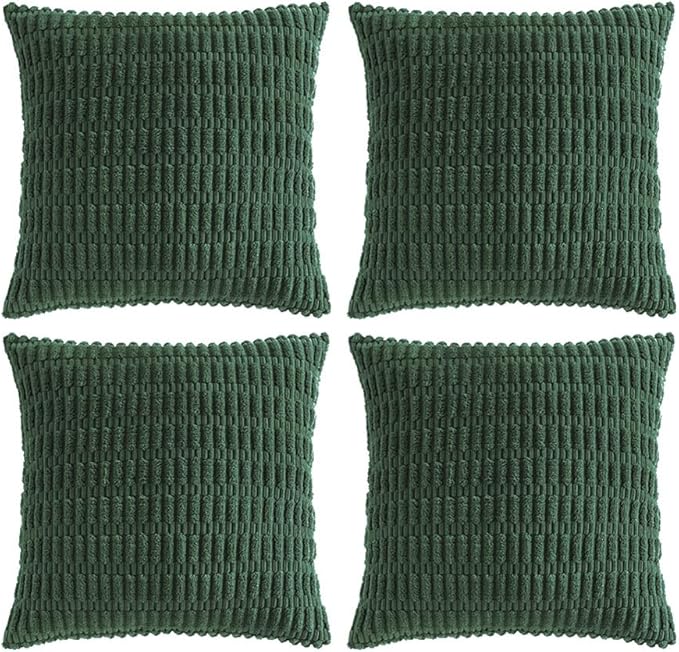 Fancy Homi Set of 4 Dark Green Boho Decorative Throw Pillow Covers 20x20 Inch for Couch Bed Sofa, Aesthetic Modern Bohemian Room Decor, Soft Fuzzy Fluffy Cozy Corduroy Textured Cushion Case 50x50cm