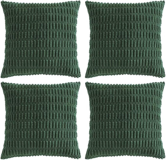 Fancy Homi Set of 4 Dark Green Boho Decorative Throw Pillow Covers 20x20 Inch for Couch Bed Sofa, Aesthetic Modern Bohemian Room Decor, Soft Fuzzy Fluffy Cozy Corduroy Textured Cushion Case 50x50cm