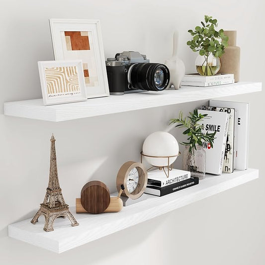 55"W x 9"D Floating Shelves Set of 2, 9.3 Inch Deep Floating Shelves Wall Mounted, Wide Wall Shelves Invisible Bracket, Deep Storage Shelves for Living Room, Bathroom, Kitchen, White Color