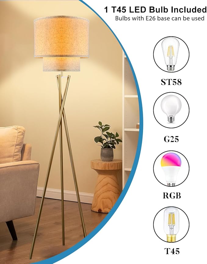 Lightdot Glod Tripod Floor Lamp, Modern Floor Lamps for Living Room, Standing Lamp with Double Linen Shade, E26 Bulb Included, 67.7" Tall Floor Lamp for Bedroom, Home Office