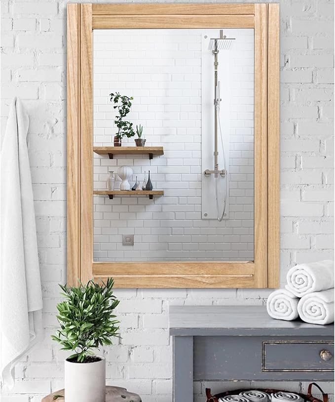 AAZZKANG Rustic Mirrors for Wall with Rectangular Wood Frame Decorative for Farmhouse Bedroom Bathroom Living Room Home Office Large 28"x20"