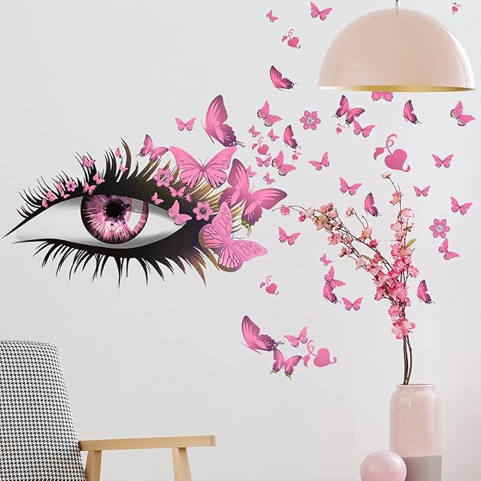 Pink Girl Eyes Wall Stickers Flying Butterfly Wall Decals Beautiful Girl Heart Wall Decor Vinyl Wall Art Butterflies Wall Decor Stickers for Women Girls Bedroom Living Room Decoration