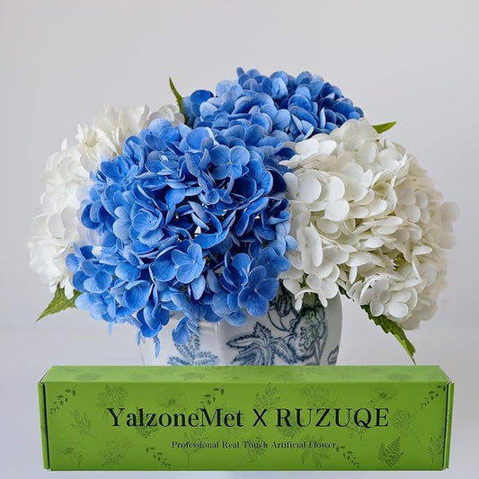 YalzoneMet 4Pcs Real Touch Hydrangea Artificial Flower Natural Lifelike 21'' Latex Long Stem Latex Hydrangea Flower Bouquets for Home Party Wedding Table Centerpiece Decor（2 White+2 Dark Blue）