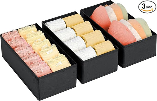 DIMJ Drawer Organizer - Small Clothes Organizer Set of 3, Drawer Dividers for Baby Clothes, Underwear, Socks, Bra, Belt, Tie - Black