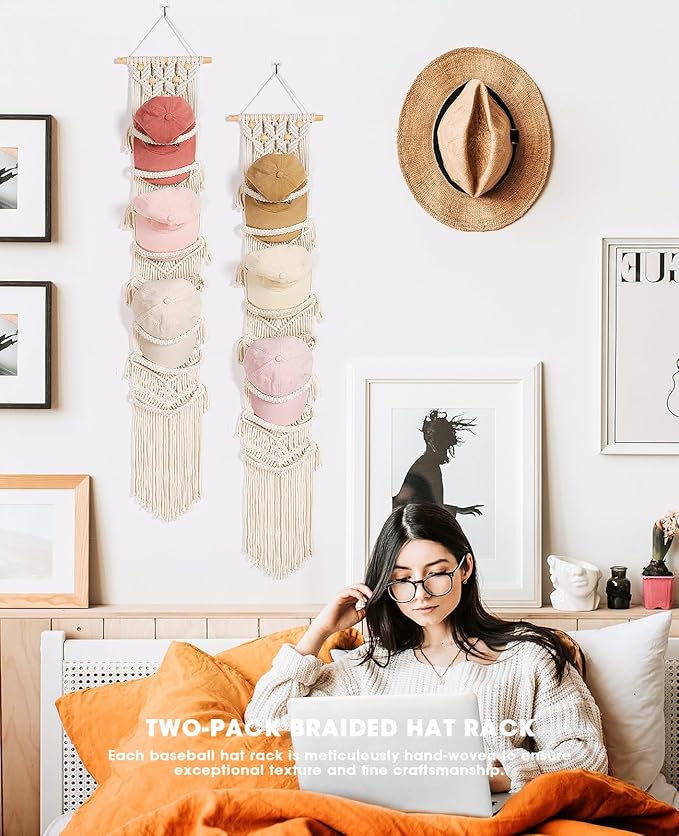 AceList 2-Pack Organizer for Baseball Caps, Macrame Hat Hangers for Wall and Door, Boho Hat Rack with Macrame Wall Decor - Effortless Storage and Display of Hats (Up to 32 Caps)