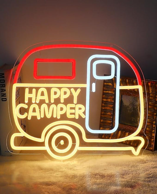 AceList Happy Camper RV Neon Signs for Wall Decor - Camper Decor with 9-Level Brightness Adjustment, USB Powered Caravans Neon Lights for Party, Birthday, Christmas and Camping Decoration